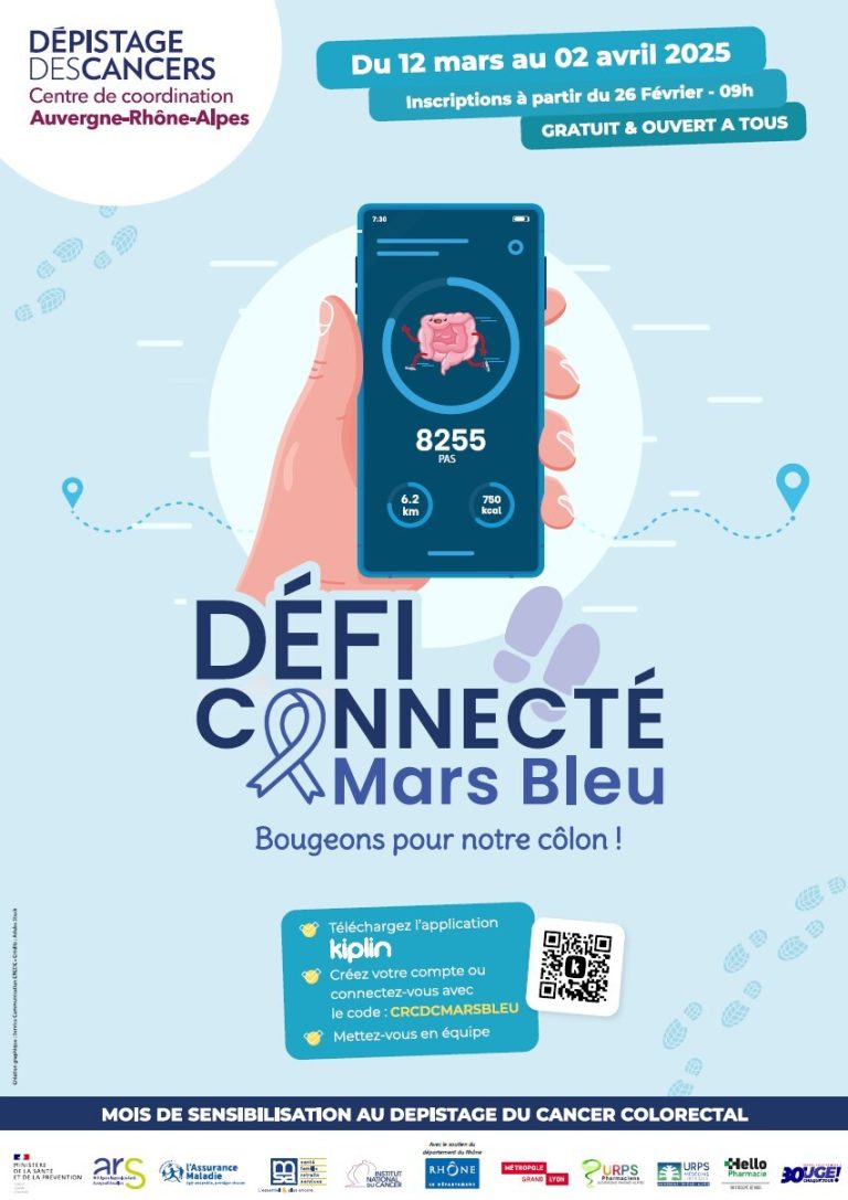 Image de l'affiche liée à l'événement "Défi connecté" du CRCDC Rhône-alpes, à l'occasion de Mars bleu 2025.