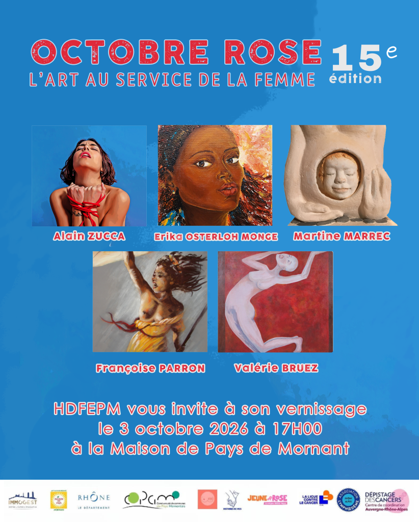 Le 3, 4, 10 et 11 octobre venez nous retrouver à la maison de Pays de Mornant et découvrez les artistes qui nous soutiennent dans le cadre d'Octobre Rose. Horaires d'ouverture : 14h30-18h30